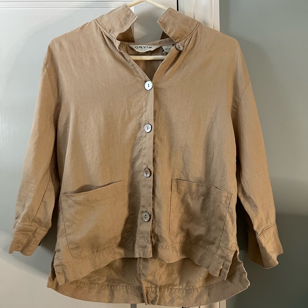 Orvis Tan Button-Front Linen Blend Jacket